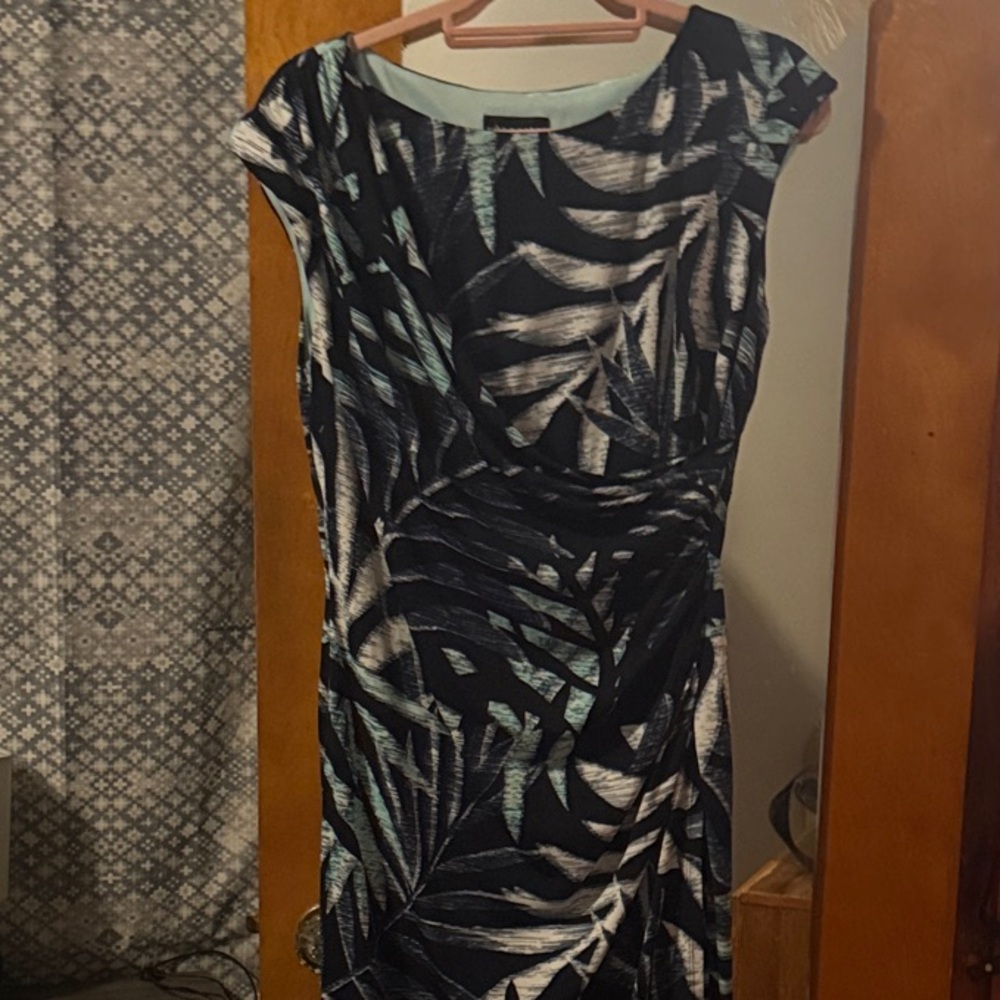Connected Apparel Black and Blue Leaf Print Midi Dress